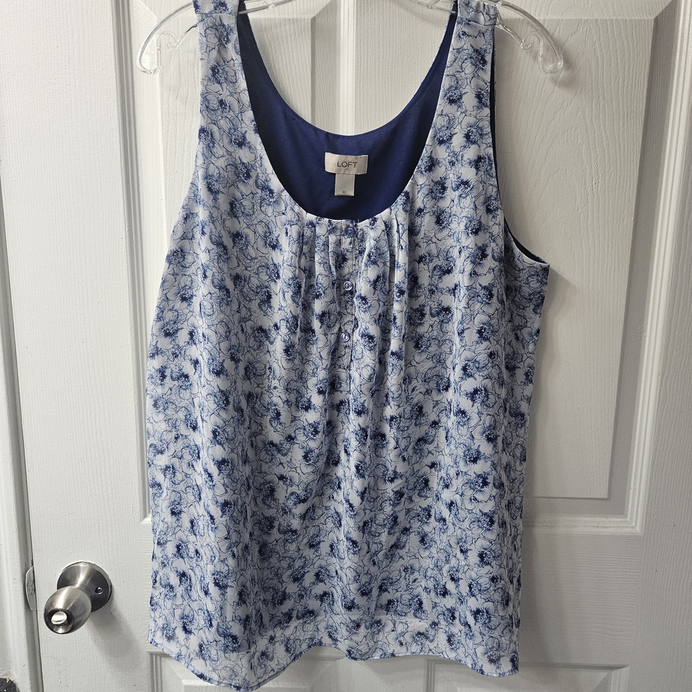 LOFT Blue and White Floral Tank Top